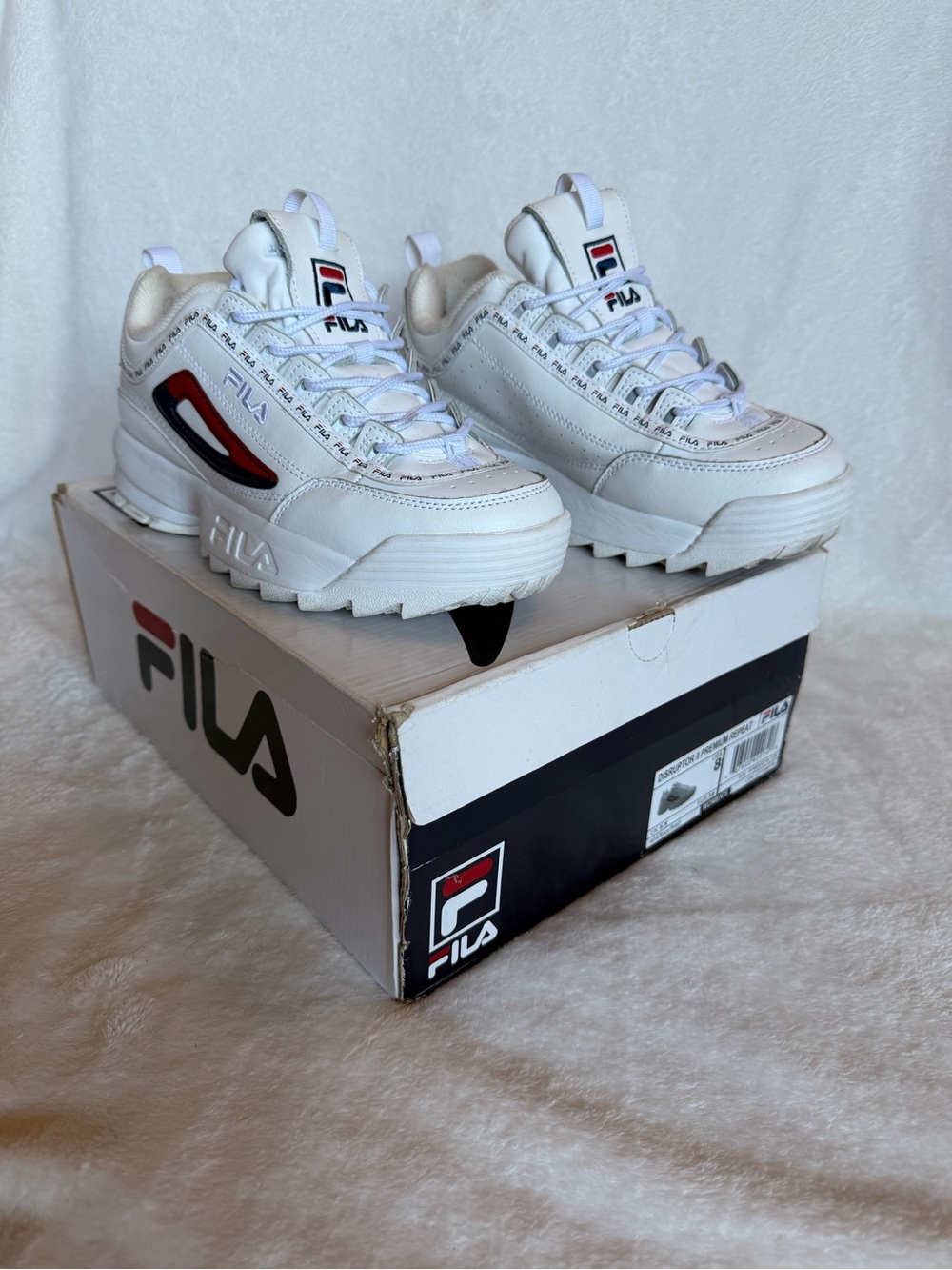 Fila Disruptor II Premium Repeat sneakers in white red navy  size 8